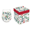 VivaStyle Poinsettia Bliss Wine Glass Stemless Glass, Festive Foliage, 17oz, Gift Box
