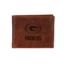 Green Bay Packers, Embossed 100% Genuine Tumbled Leather Passcase Bi-Fold Wallet, Brown