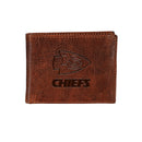Kansas City Chiefs, Embossed 100% Genuine Tumbled Leather Passcase Bi-Fold Wallet, Brown