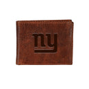 New York Giants, Embossed 100% Genuine Tumbled Leather Passcase Bi-Fold Wallet, Brown