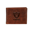 Las Vegas Raiders, Embossed 100% Genuine Tumbled Leather Passcase Bi-Fold Wallet, Brown
