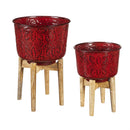 Nested Poinsettia Stamped Red Planter with Wood Stand, Set of 2