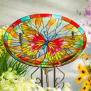 Cottage Garden Birdbath, Stained Glass Butterfly Birdbath, 18"