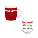 Just for Laughs Drinkware Gift Set Ceramic Cup and Stemless Wine Glass, "Fake News"