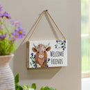 Petal & Plow Garden Decor, Hanging Sign, Highland Cow Welcome Friends, 11" L x 6" H