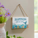 Blue Coastal Garden Decor, Hanging Sign, Happiness, 11" L x 6" H