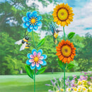 Cottage Garden stake, Blue Flower with Bee, Yellow Flower with Hummingbird, 2 Assorted
