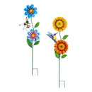 Cottage Garden stake, Blue Flower with Bee, Yellow Flower with Hummingbird, 2 Assorted