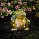 Cottage Garden Statue, LED Resin Floral Frog With Bird Statue, 8"H