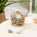 Blue Coastal Hanging Decor Wood and Enamel Shell in Metal Basket, Asst of 2, 2.25"H