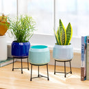 Blue Coastal Planter, Mini Metal Planter with Stand, Shiny Finish, 7.75", Asst of 3
