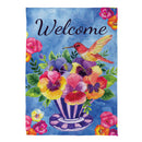 Pansies & Hummingbird Tea Cup Suede Garden Flag