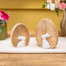 Hop Into Spring Table Decor Wood Egg with Ceramic Bunny, Set of 2