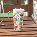 Cottage Garden Travel Cup Ceramic Perfect Cup, Colorful Birds, 17oz, Gift Box