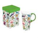 Cottage Garden Travel Cup Ceramic Perfect Cup, Colorful Birds, 17oz, Gift Box