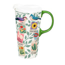 Cottage Garden Travel Cup Ceramic Perfect Cup, Colorful Birds, 17oz, Gift Box