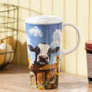 Hillside Pasture Travel Cup Ceramic Perfect Cup, Cow Behind Fence, 17oz, Gift Box
