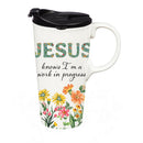 Simple Blessings Travel Cup Ceramic Perfect Cup, Jesus knows I'm a Work in Progress, 17oz, Gift Box