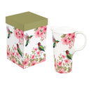 Cottage Garden Travel Cup Ceramic Perfect Cup, 17oz, Floral Hummingbirds, Gift Box