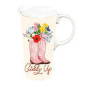 Hillside Pasture Western Cowboy Boots Travel Cup Ceramic Perfect, "Giddy Up", 17oz, Gift Box