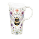 Cottage Garden Travel Cup Ceramic Perfect Cup, Floral Bee, 17oz, Gift Box