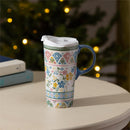 Geometric Tapestry Scalloped Harmony Travel Cup Ceramic Perfect, 17oz, Gift Box