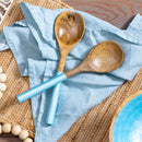 Blue Coastal Serving Utensil Wood with Scalloped Enamel Salad Servers, Set of 2, 11.25"