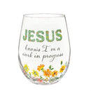Simple Blessings Wine Glass Stemless, Jesus Knows I'm a Work in Progress, 17 oz, Gift Box